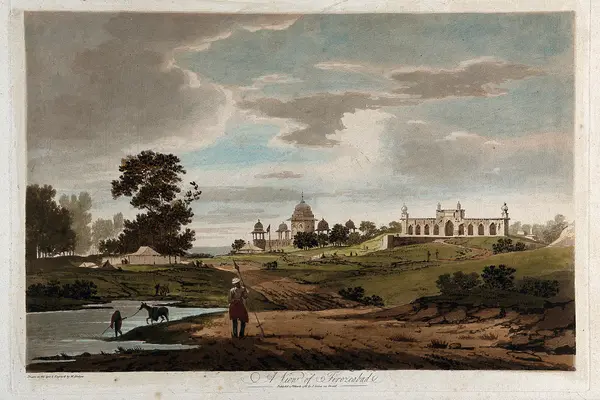 Landscape at Firozabad, northern India. Coloured etching by Wellcome V0050445