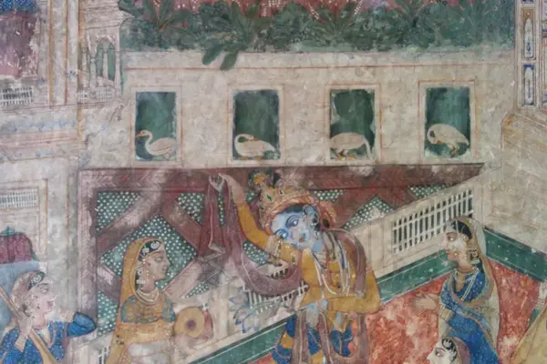 Mural depicting a Bhakti scene of Krishna with gopis, from Ramtatwali Dham, Hoshiarpur dis