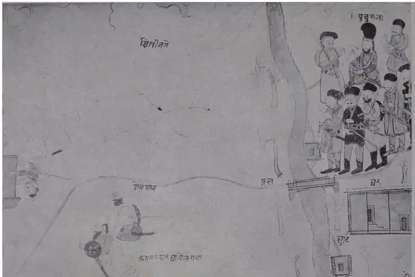 'Retreat of the Dogras', from a painted scroll documenting the joint Dogra-Sikh invasions 