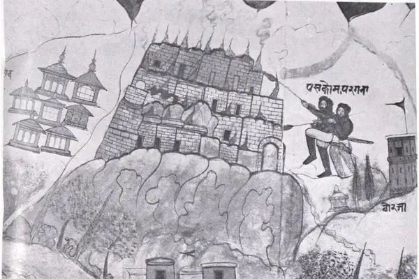 'Setting on fire of Pashkym fort', from a painted scroll documenting the joint Dogra-Sikh 