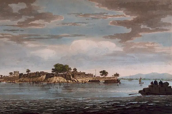 Fort at Monghyr on the river Ganges, India. Coloured etching Wellcome V0050406 (cropped)