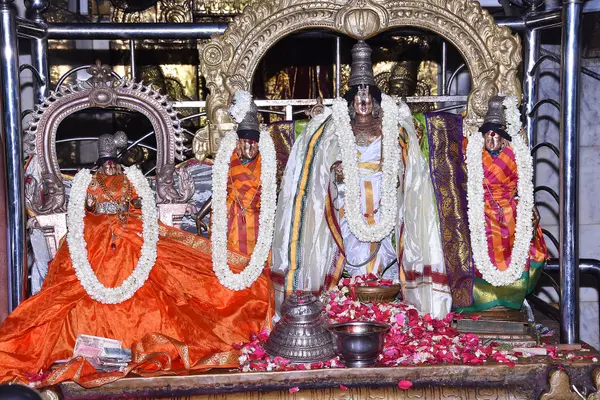 Murtis of Srinivasan (Vishnu), with consorts Sridevi, Bhudevi, and Alamelu (Lakshmi) in Ta